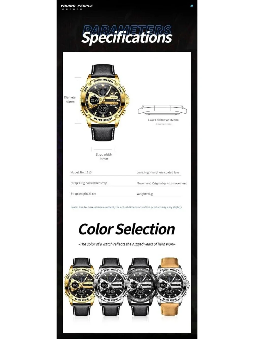 Men's Gold Black Leather Chronograph Fashion Digital Waterproof Wrist Watch